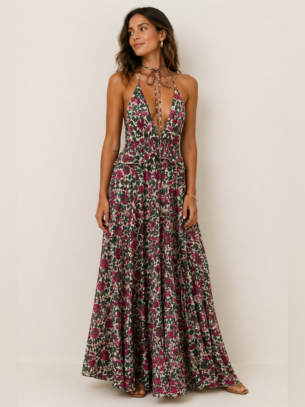 Deep V Halter Floral Maxi Dress in Magenta and Green